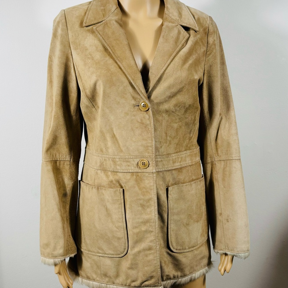Kenneth Cole New York M Camel Suede lined vintage blazer fur embellishments